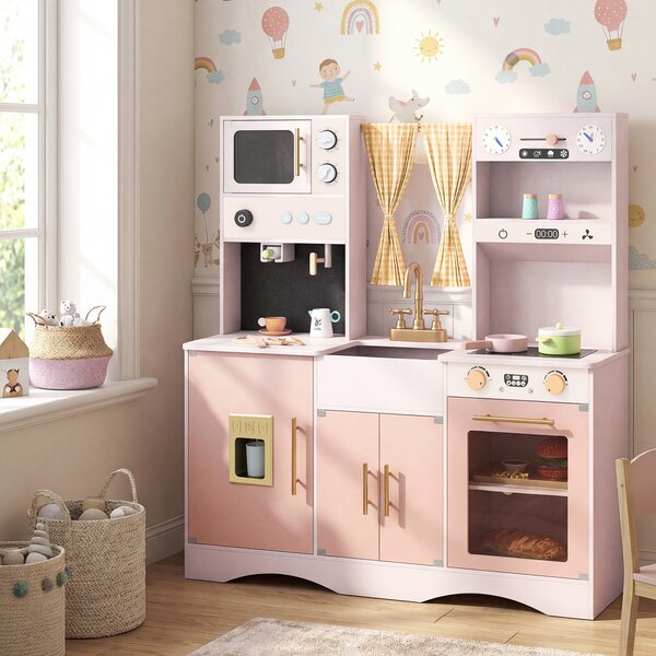 Costway Set da cucina per bambini con microonde macchina del caffè, Cucina giocattolo in legno per piccoli chef 3+ anni Rosa