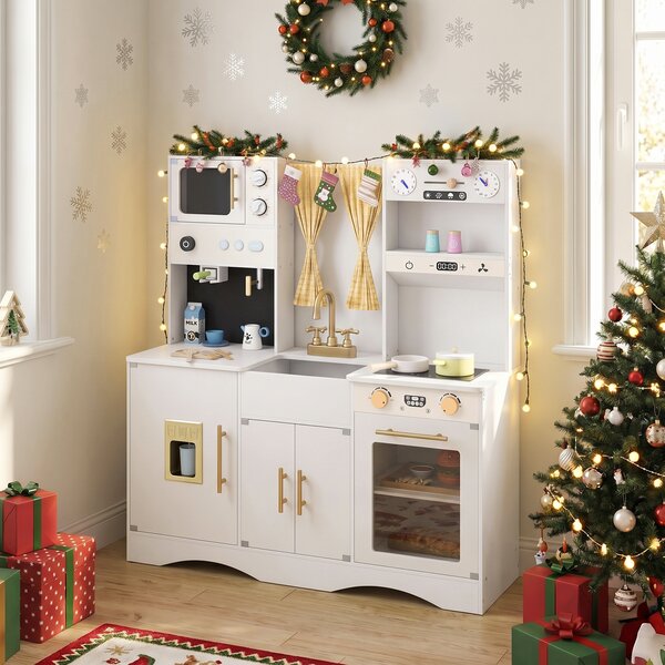 Costway Set da cucina per bambini con microonde macchina del caffè, Cucina giocattolo in legno per piccoli chef 3+ anni Bianco