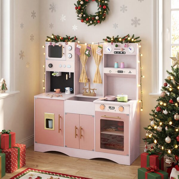Costway Set da cucina per bambini con microonde macchina del caffè, Cucina giocattolo in legno per piccoli chef 3+ anni Rosa