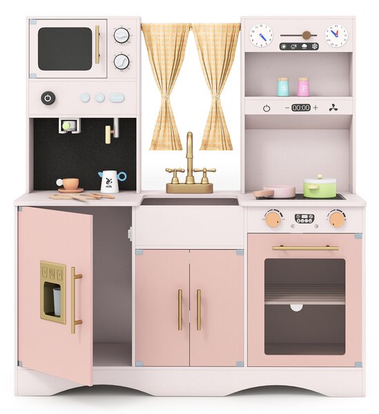 Costway Set da cucina per bambini con microonde macchina del caffè, Cucina giocattolo in legno per piccoli chef 3+ anni Rosa
