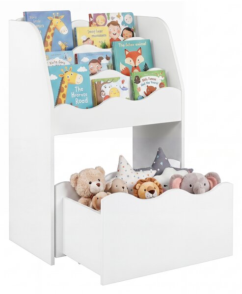Costway Libreria montessoriana per bambini scaffale a 4 livelli in legno cassetto portagiochi con 4 ruote, Libreria per cameretta e soggiorno Bianco