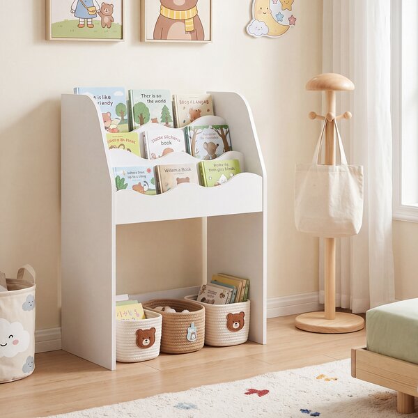 Costway Libreria montessoriana per bambini scaffale a 4 livelli in legno cassetto portagiochi con 4 ruote, Libreria per cameretta e soggiorno Bianco