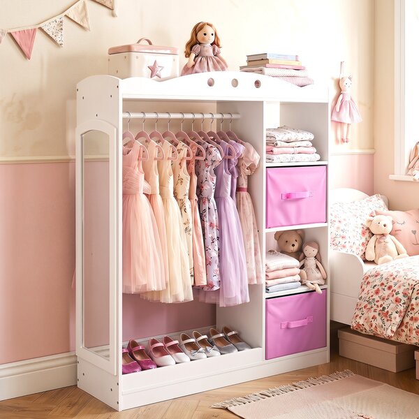 Costway Guardaroba per bambini asta appendiabiti ripiano con bordo anticaduta, Guardaroba con 2 scaffali aperti 2 cassetti pieghevoli Bianco