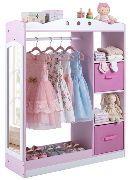 Costway Guardaroba per bambini asta appendiabiti ripiano con bordo anticaduta, Guardaroba con 2 scaffali aperti 2 cassetti pieghevoli Rosa