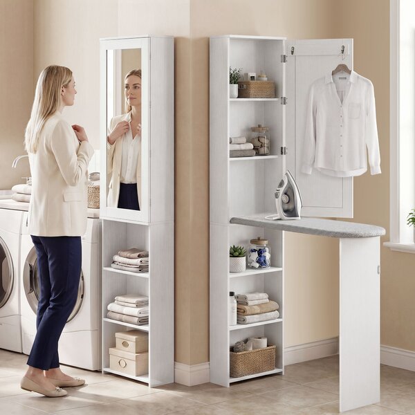 HOMCOM Mobile Asse da Stiro Pieghevole a 6 Ripiani con Specchio e 2 Ganci, in Legno e Poliestere, 107x35x174 cm, Bianco | Aosom Italy