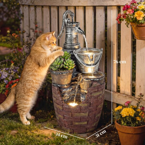 Outsunny Fontana a 4 Livelli con Illuminazione LED, Fioriera e Pompa Regolabile, Stile Rustico, 34x31x76 cm, Marrone Rustico e Grigio | Aosom Italy