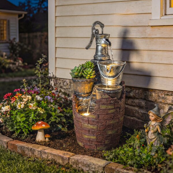Outsunny Fontana a 4 Livelli con Illuminazione LED, Fioriera e Pompa Regolabile, Stile Rustico, 34x31x76 cm, Marrone Rustico e Grigio | Aosom Italy