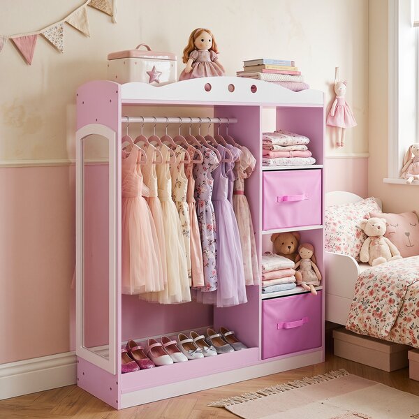 Costway Guardaroba per bambini asta appendiabiti ripiano con bordo anticaduta, Guardaroba con 2 scaffali aperti 2 cassetti pieghevoli Rosa
