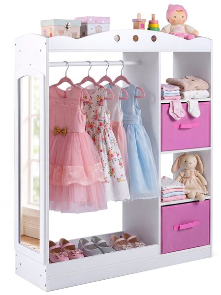 Costway Guardaroba per bambini asta appendiabiti ripiano con bordo anticaduta, Guardaroba con 2 scaffali aperti 2 cassetti pieghevoli Bianco
