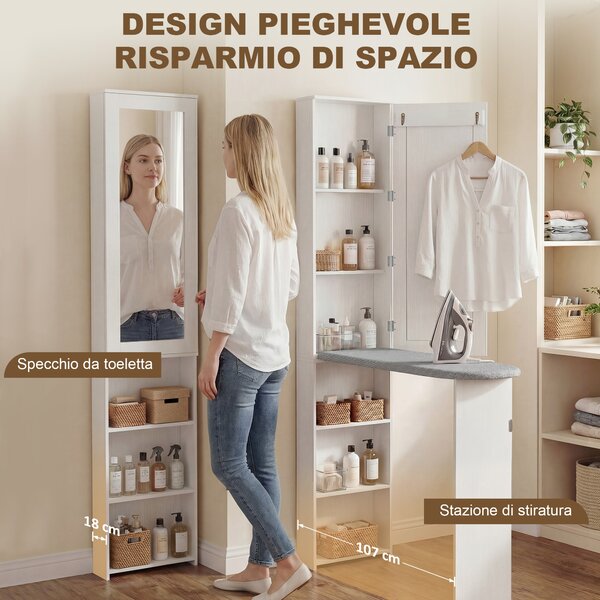 HOMCOM Mobile Asse da Stiro Pieghevole a 6 Ripiani con Specchio e 2 Ganci, in Legno e Poliestere, 107x35x174 cm, Bianco | Aosom Italy
