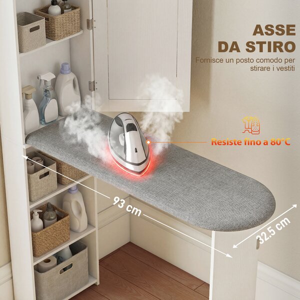 HOMCOM Mobile Asse da Stiro Pieghevole a 6 Ripiani con Specchio e 2 Ganci, in Legno e Poliestere, 107x35x174 cm, Bianco | Aosom Italy