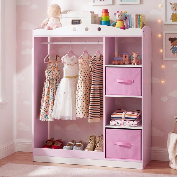Costway Guardaroba per bambini asta appendiabiti ripiano con bordo anticaduta, Guardaroba con 2 scaffali aperti 2 cassetti pieghevoli Rosa