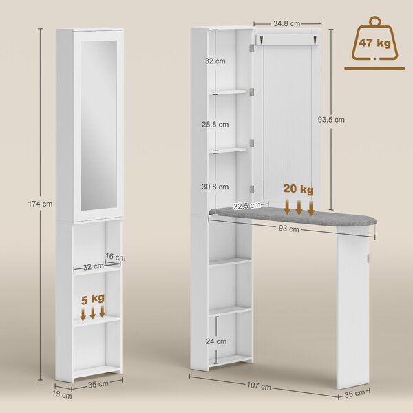 HOMCOM Mobile Asse da Stiro Pieghevole a 6 Ripiani con Specchio e 2 Ganci, in Legno e Poliestere, 107x35x174 cm, Bianco | Aosom Italy