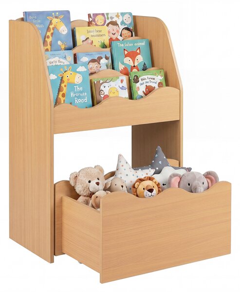 Costway Libreria montessoriana per bambini scaffale a 4 livelli in legno cassetto portagiochi con 4 ruote, Libreria per cameretta e soggiorno Naturale