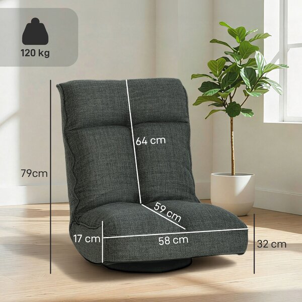 HOMCOM Poltrona da Pavimento Pieghevole Girevole a 360°, Sedia da Pavimento Imbottita con Schienale Regolabile in 5 Posizioni, 58x107x79 cm, Grigio | Aosom Italy