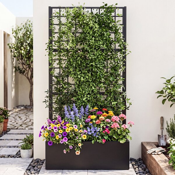Costway Fioriera zincata con traliccio per fiori e verdure e frutta, Letto rialzato per orto con drenaggio grigliato rampicanti