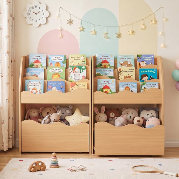 Costway Libreria montessoriana per bambini scaffale a 4 livelli in legno cassetto portagiochi con 4 ruote, Libreria per cameretta e soggiorno Naturale