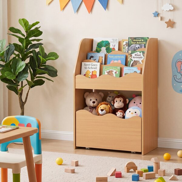 Costway Libreria montessoriana per bambini scaffale a 4 livelli in legno cassetto portagiochi con 4 ruote, Libreria per cameretta e soggiorno Naturale