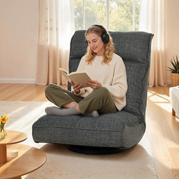HOMCOM Poltrona da Pavimento Pieghevole Girevole a 360°, Sedia da Pavimento Imbottita con Schienale Regolabile in 5 Posizioni, 58x107x79 cm, Grigio | Aosom Italy