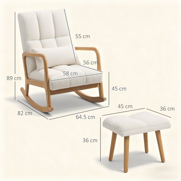 HOMCOM Poltrona a Dondolo con Poggiapiedi, in Tessuto Bouclé, Gambe in Legno, 64,5x82x89 cm, Bianco | Aosom Italy
