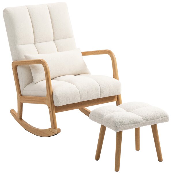 HOMCOM Poltrona a dondolo con poggiapiedi, rivestimento in fleece, schienale alto, gambe in legno, piedini, Bianco | Aosom Italy