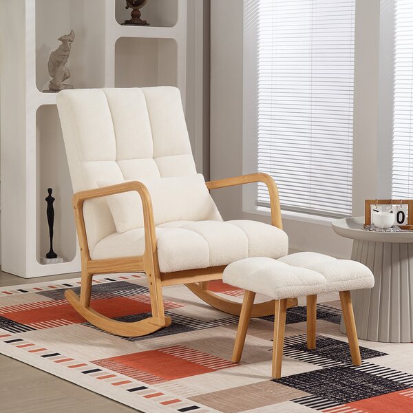 HOMCOM Poltrona a Dondolo con Poggiapiedi, in Tessuto Bouclé, Gambe in Legno, 64,5x82x89 cm, Bianco | Aosom Italy