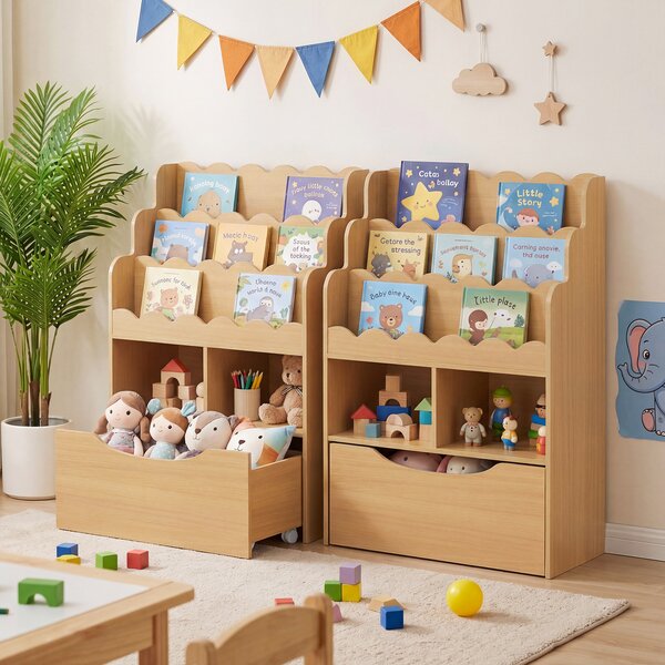 Costway Libreria per bambini con libreria a 3 ripiani 2 scomparti aperti e cassetto su ruote universali, Libreria per cameretta soggiorno e studio Naturale