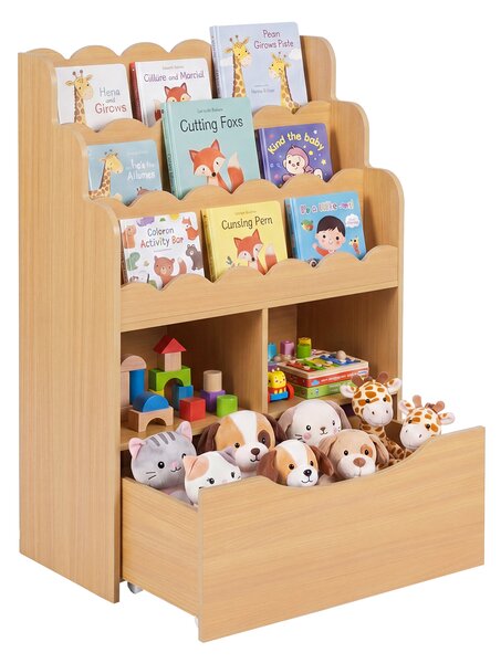 Costway Libreria per bambini con libreria a 3 ripiani 2 scomparti aperti e cassetto su ruote universali, Libreria per cameretta soggiorno e studio Naturale