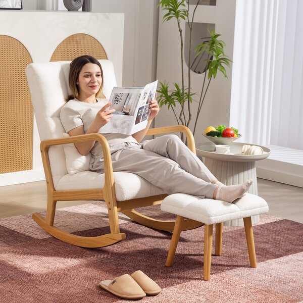 HOMCOM Poltrona a dondolo con poggiapiedi, rivestimento in fleece, schienale alto, gambe in legno, piedini, Bianco | Aosom Italy