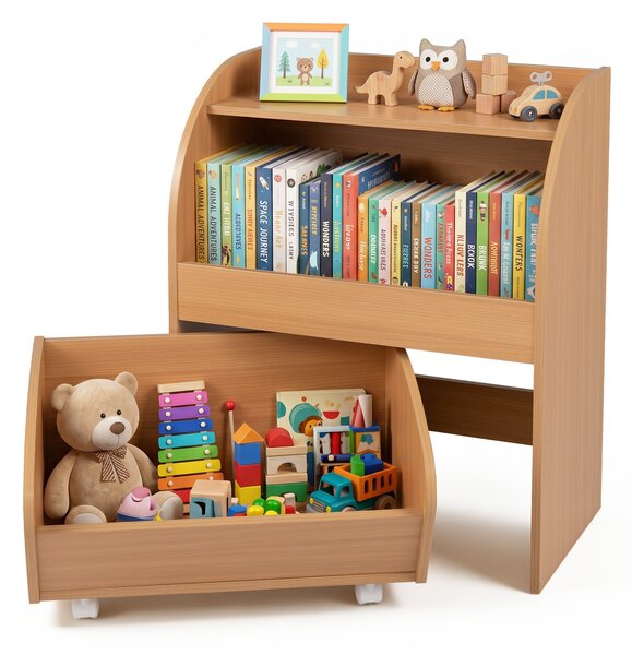 Costway Libreria Montessori per bambini legno con carrello e 2 ripiani aperti, Scaffale portagiochi per cameretta e asilo nido Naturale