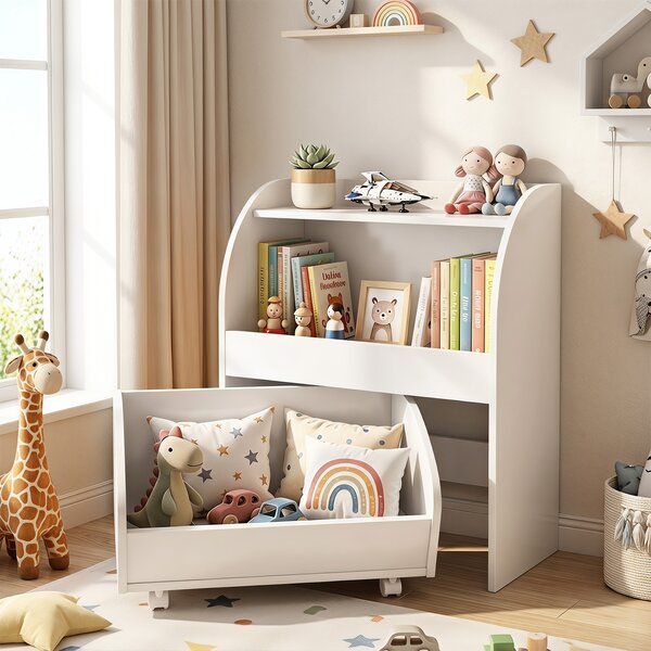 Costway Libreria Montessori per bambini legno con carrello e 2 ripiani aperti, Scaffale portagiochi per cameretta e asilo nido Bianco