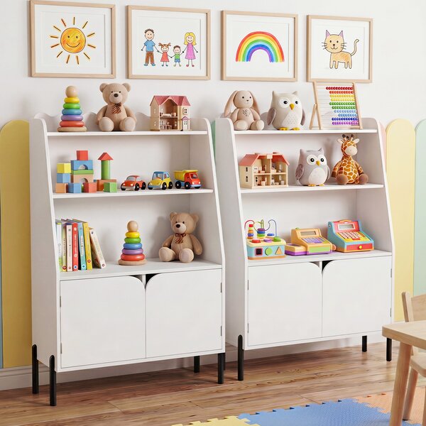 Costway Libreria montessori per bambini in legno 3 ripiani aperti 2 vani ante, Contenitore libri giocattoli cameretta asilo nido