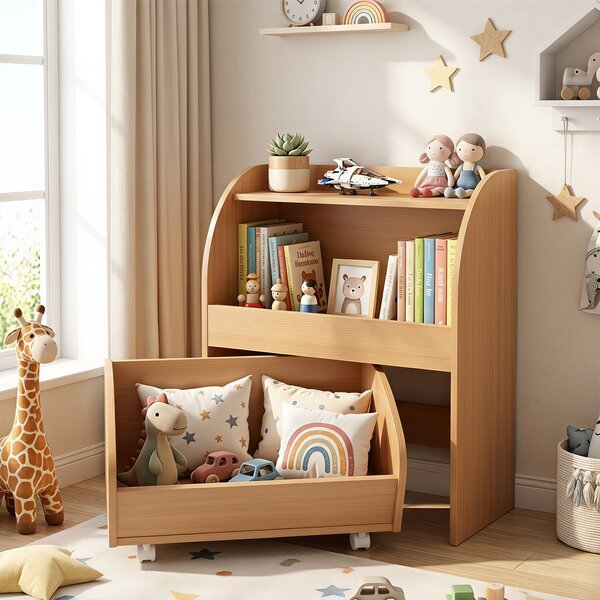 Costway Libreria Montessori per bambini legno con carrello e 2 ripiani aperti, Scaffale portagiochi per cameretta e asilo nido Naturale