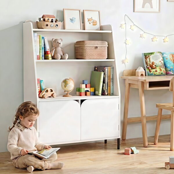 Costway Libreria montessori per bambini in legno 3 ripiani aperti 2 vani ante, Contenitore libri giocattoli cameretta asilo nido