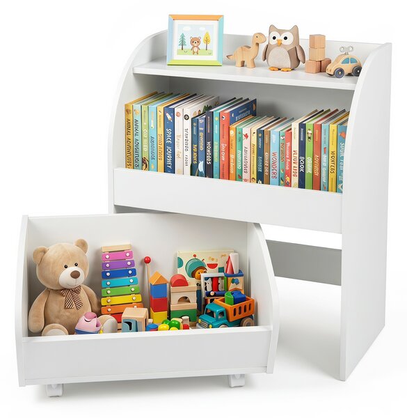 Costway Libreria Montessori per bambini legno con carrello e 2 ripiani aperti, Scaffale portagiochi per cameretta e asilo nido Bianco