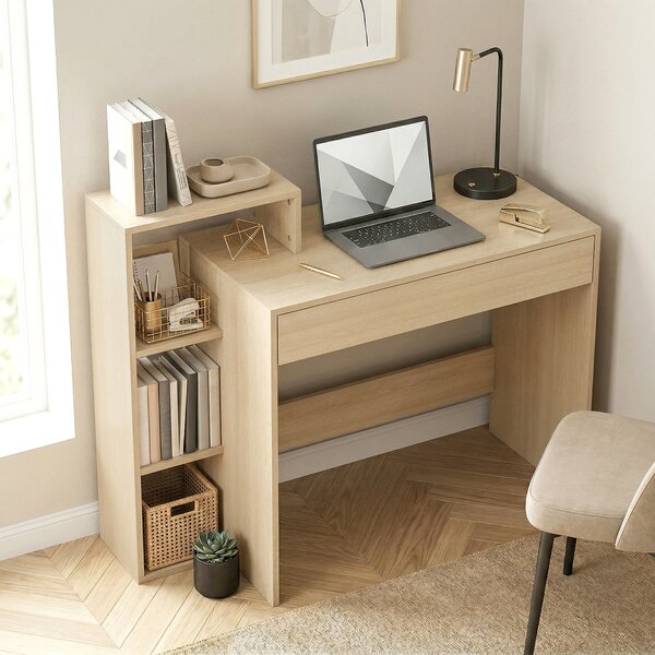 HOMCOM Scrivania PC Moderna con 3 Ripiani Aperti e Cassetto, in Legno, Color Legno, 100x40x90 cm | Aosom Italy