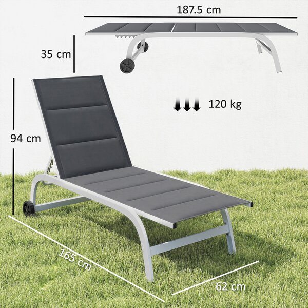 Outsunny Lettino Prendisole da Giardino con Ruote, in Texteline con Telaio in Alluminio, Grigio Scuro e Bianco | Aosom Italy