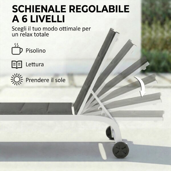 Outsunny Lettino Prendisole da Giardino con Ruote, in Texteline con Telaio in Alluminio, Grigio Scuro e Bianco | Aosom Italy