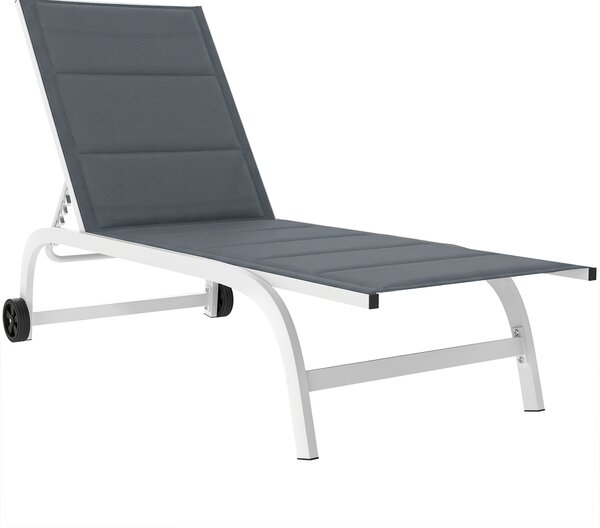 Outsunny Lettino Prendisole da Giardino con Ruote, in Texteline con Telaio in Alluminio, Grigio Scuro e Bianco | Aosom Italy