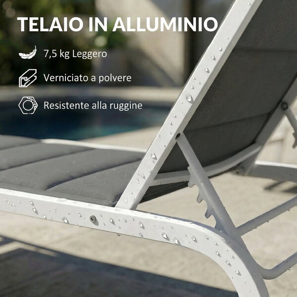 Outsunny Lettino Prendisole da Giardino con Ruote, in Texteline con Telaio in Alluminio, Grigio Scuro e Bianco | Aosom Italy
