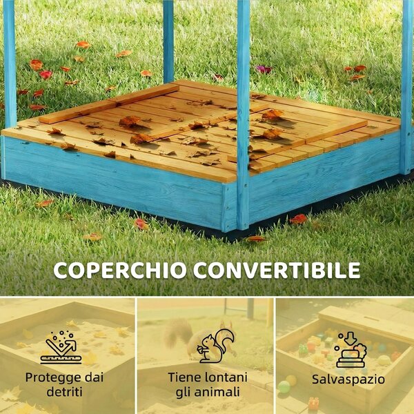AIYAPLAY Sabbiera per Bambini 3-6 Anni con Tettuccio Dinosauri, Sedute Pieghevoli, Coperchio e Fodera Inclusa, Sabbionaia per Bambini in Legno di Abete, 134.5x127.5x130 cm, Blu | Aosom Italy