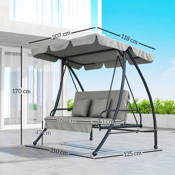 Outsunny Dondolo da Giardino 3 Posti con Tetto Reclinabile Trasformabile Letto in Poliestere Crema 209cm x 114cm x 170cm