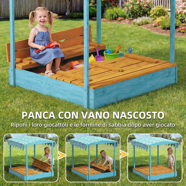 AIYAPLAY Sabbiera per Bambini 3-6 Anni con Tettuccio Dinosauri, Sedute Pieghevoli, Coperchio e Fodera Inclusa, Sabbionaia per Bambini in Legno di Abete, 134.5x127.5x130 cm, Blu | Aosom Italy