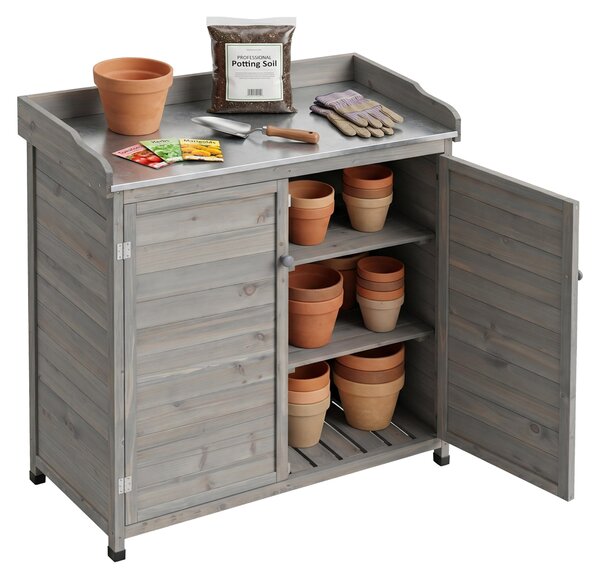 Relaxdays, tavolino da giardino con ripiano inferiore, legno, piano di lavoro zincato, dimensioni: 106 x 94,5 x 45 cm, mobiletto da giardino, grigio