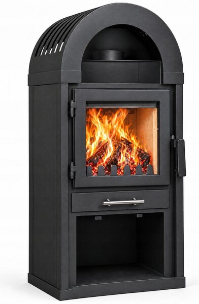 Stufa a legna EMBER 9,5 kW in acciaio, indipendente, griglia in ghisa, cassetto cenere, ripiani portalegna, uscita fumi 150 mm