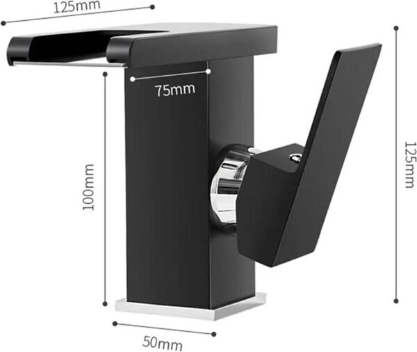 Rubinetteria da bagno - Miscelatore per lavabo a cascata con LED - RGB 3 colori - Montaggio a filo - Ottone - Nero