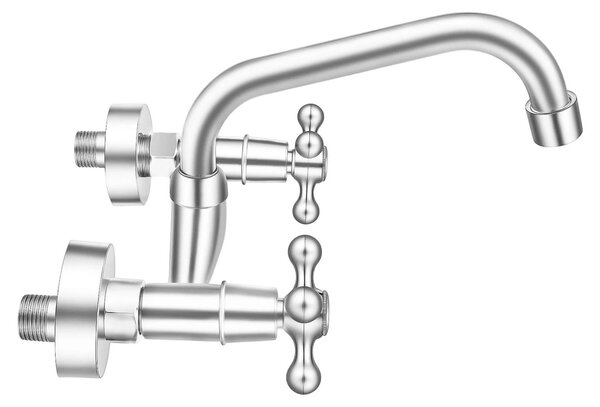 Rubinetto per lavabo a parete - a due manopole - corpo in ottone - manopole a rotazione - bocca a U da 20 cm - 17,4×11,1 cm - argento