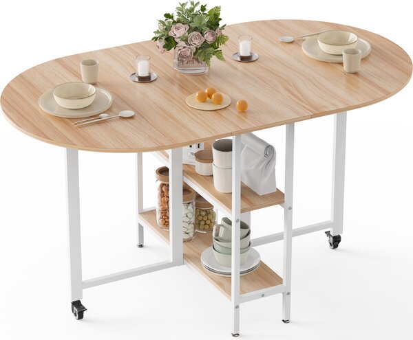 Mondeer Tavolo da pranzo pieghevole Tavolo da cucina con 2 ripiani e rotelle 140 x 80 x 75 cm Rovere+Bianco
