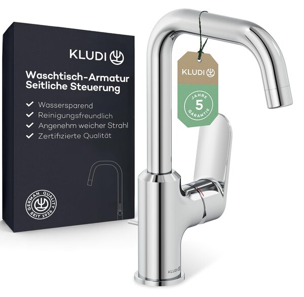 Miscelatore monocomando per lavabo, con piletta di scarico a tirante, girevole a 360°