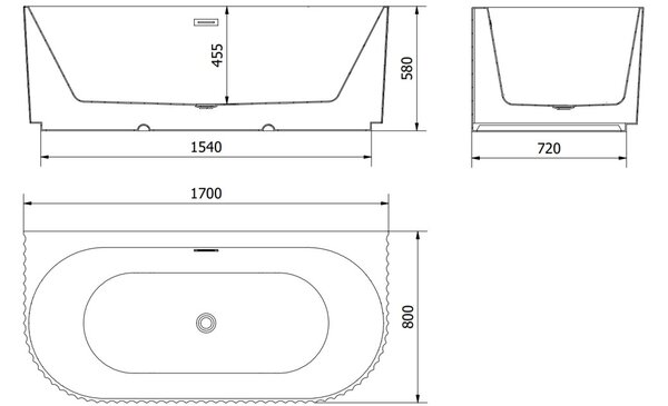 Mexen Sella vasca da bagno indipendente con scanalature addossata alla parete 170 x 80 cm, bianco lucido, troppo pieno in